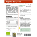 Etikett der HistaFix-Mischung „Paprika-Bolognese“ von Histaminikus mit Zutatenliste, Nährwertangaben, Zubereitungsempfehlung für 3 Portionen mit Pasta, Paprika, Zwiebel und Fleisch sowie Tipp zur Verfeinerung mit italienischen Kräutern.