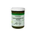 Histaminikus Bio-Gartenkräuter-Pesto im Glas – histaminarm und glutenfrei, mit grünem Kräuterpesto, weißem Schraubdeckel und hellgrünem Produktetikett.
