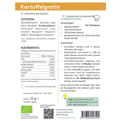 Etikett für HistaFix Kartoffelgratin von Histaminikus: Zutatenliste mit Bio-Gemüse wie Karotten, Sellerie, Pastinake und Kräutern, Nährwerte pro 100 g, Zubereitung für 3 Portionen mit Sahne und Käse, Tipps für vegane Variante, Bio- und Histaminarm-Siegel.