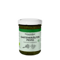 Kleines Glas mit weißem Deckel und dunkelgrünem Inhalt. Auf dem Etikett des Glases ist zu lesen: "Histaminikus, das Original seit 2017". Darunter steht "Gartenkräuter Pesto" - histaminarm und glutenfrei. Daneben ist Bio-Siegel abgebildet. Im unteren Drittel ist Petersilie und Basilikum aufgezeichnet.