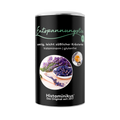 Schwarze Teedose „Entspannungstee“ von Histaminikus mit Lavendelblüten-Motiv, Aufschrift „samtig, leicht süßlicher Kräutertee, histaminarm, glutenfrei“. 