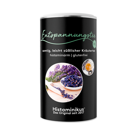 Schwarze Teedose „Entspannungstee“ von Histaminikus mit Lavendelblüten-Motiv, Aufschrift „samtig, leicht süßlicher Kräutertee, histaminarm, glutenfrei“. 
