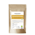 Braune Papierverpackung mit weißem Etikett. Produktname „Flohsamenschalen“ in großer gelber Schrift, darunter Beschreibung „histaminarm und glutenfrei, fein gemahlen, 80 % Ballaststoffe“. Mit Bio-Siegel und Infotext zur Verwendung.