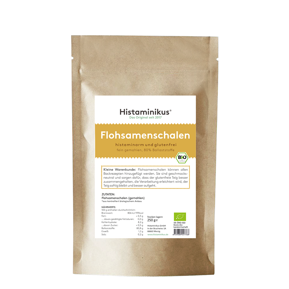 Braune Papierverpackung mit weißem Etikett. Produktname „Flohsamenschalen“ in großer gelber Schrift, darunter Beschreibung „histaminarm und glutenfrei, fein gemahlen, 80 % Ballaststoffe“. Mit Bio-Siegel und Infotext zur Verwendung.