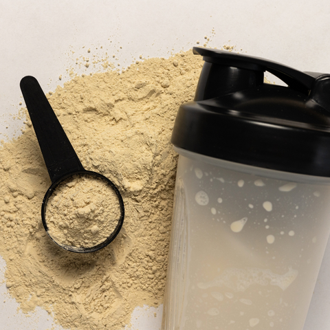 Nahaufnahme der Histaminikus „Proteinquelle“-Mischung: Ein schwarzer Messlöffel liegt auf einer Portion Proteinpulver, daneben ein transparenter Shaker mit schwarzem Deckel. 