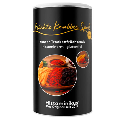 dort sieht man eine dose, diese hat verschiedene Früchte abgebildet die dose ist komplett schwarz