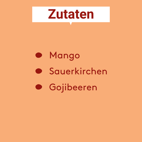 Zutatenliste wo Mango, Sauerkrichen und Gijobeeren drauf stehen