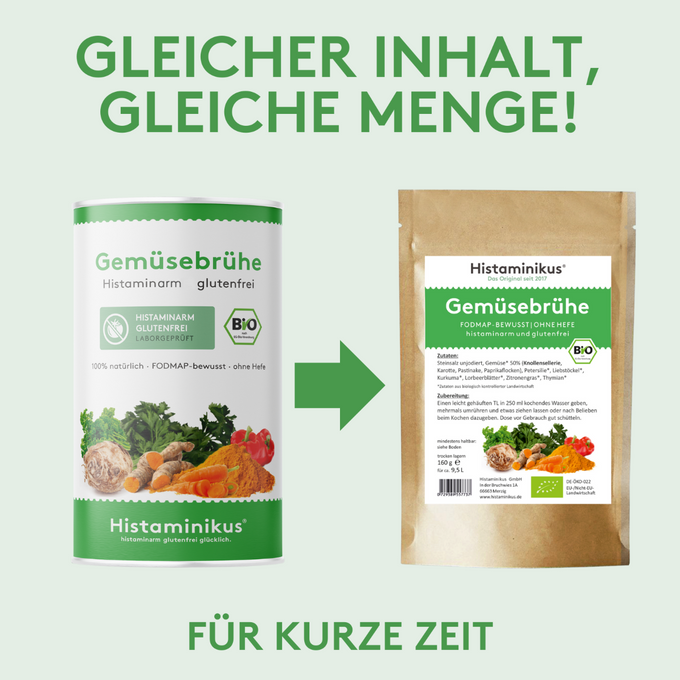 Grafik mit der Überschrift „Gleicher Inhalt, gleiche Menge!“. Links ist eine Dose Histaminikus Gemüsebrühe mit grün-weißem Etikett abgebildet, rechts eine braune Beutelverpackung derselben Gemüsebrühe. Ein grüner Pfeil zeigt von der Dose zur Beutelverpackung und verdeutlicht den Verpackungswechsel. Unten steht der Hinweis „Für kurze Zeit“. 