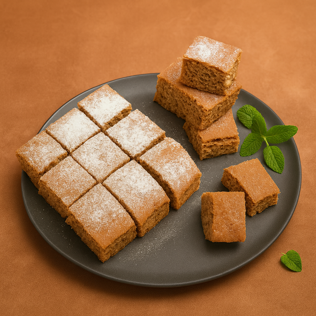 Gewürzkuchen in Würfel geschnitten, auf einem dunkelgrauen Teller angerichtet, vor beigem Hintergrund. Einige Stücke sind aufeinander gestapelt, daneben liegen frische Minzblätter.