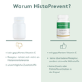 Vergleichsgrafik zu HistaPrevent von HistaBalance. Gegenüberstellung eines neutral dargestellten Nahrungsergänzungsmittels und HistaPrevent. Hervorgehoben werden gepuffertes Vitamin C, eine ausgewählte Nährstoffzusammensetzung sowie der Verzicht auf Zusatz- und Füllstoffe.