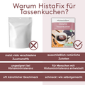 Grafik mit der Überschrift „Warum HistaFix für Tassenkuchen?“. Links ist eine neutrale, silberne Verpackung mit einem X-Symbol zu sehen, rechts die HistaFix Tassenkuchen-Verpackung von Histaminikus mit Häkchen-Symbol. Darunter werden drei Unterschiede dargestellt: Links „meist viele verschiedene Zusatzstoffe“, „ungeeignet bei Histaminintoleranz“ und „oft künstlicher Geschmack“. Rechts „ausschließlich natürliche Zutaten“, „für Menschen mit Histaminintoleranz entwickelt“ und „schmeckt wie selbstgemacht“.