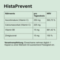Tabelle mit Nährwerten des Produkts „HistaPrevent“ mit Angabe der Tagesdosis: 250 mg Ascorbinsäure (Vitamin C), 225 mg Calciumascorbat (Vitamin C), 15 mg Vitamin B6 (881,42 % NRV) und 15 mg Zinkgluconat (150 % NRV). Darunter der Hinweis: Erwachsene nehmen täglich 1 Kapsel zu einer Mahlzeit mit ausreichend Flüssigkeit ein.
