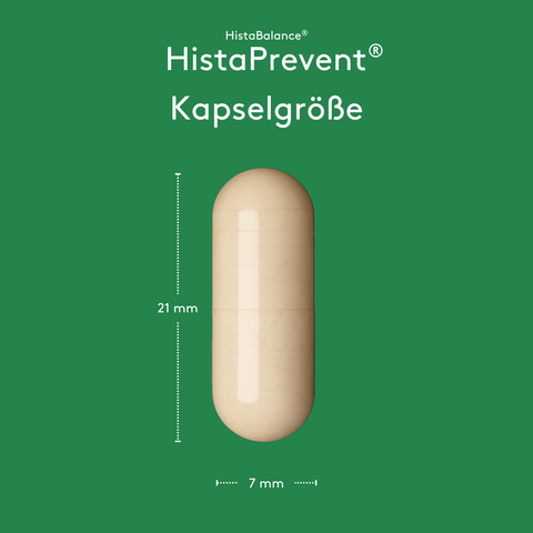 Grafische Darstellung „HistaBalance® HistaPrevent® Kapselgröße“ auf grünem Hintergrund. Eine einzelne Kapsel ist mittig abgebildet, mit Maßangaben von 21 mm Höhe und 7 mm Breite.