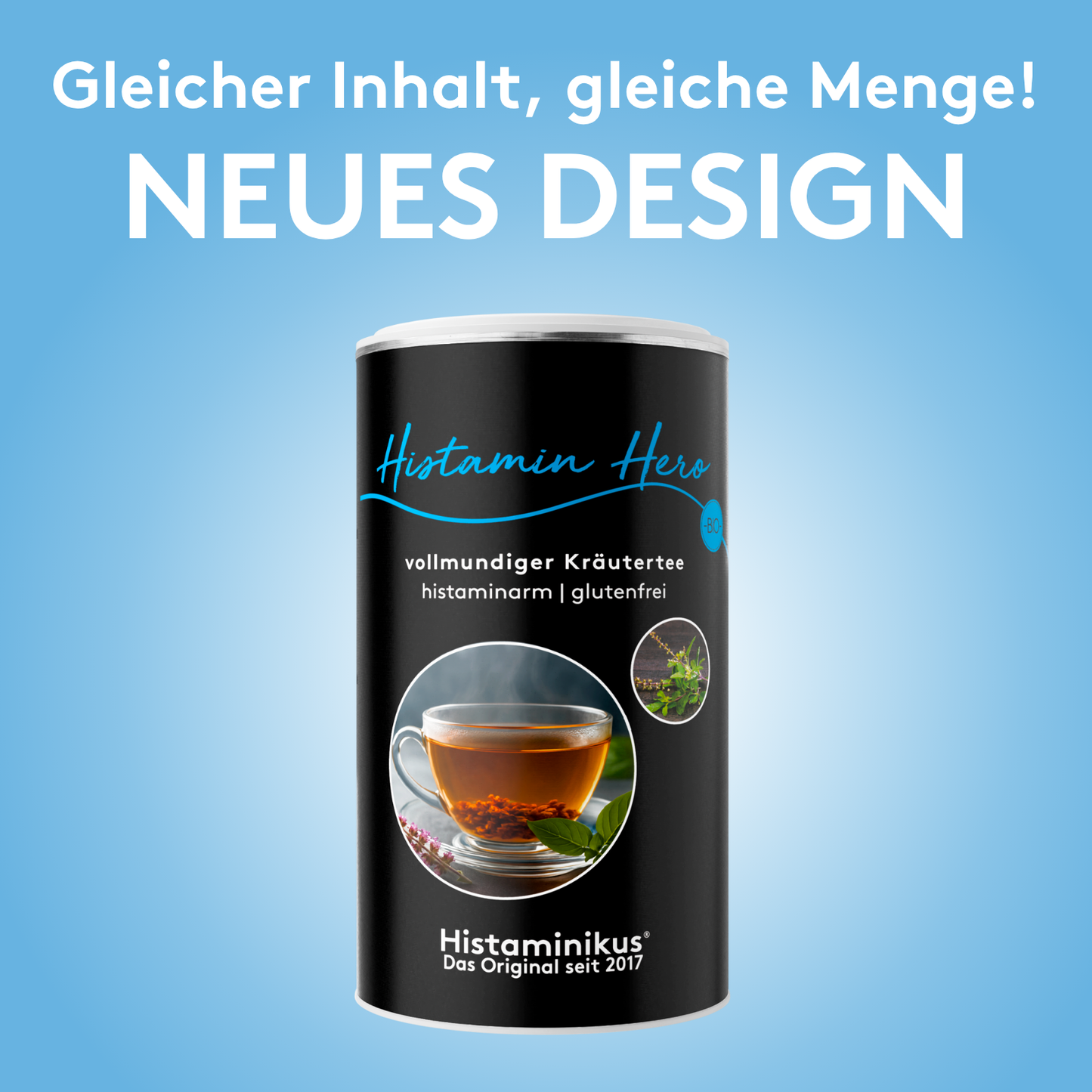 Einzelne schwarze Dose „Histamin Hero – vollmundiger Kräutertee – histaminarm | glutenfrei“ auf blauem Hintergrund mit der Überschrift „Gleicher Inhalt, gleiche Menge! Neues Design“.