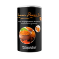Schwarze Teedose mit orangefarbener Aufschrift „Immun Power Tee – milder ausgeglichener Kräutertee, histaminarm, glutenfrei“. Darunter Fotos mit Kurkumapulver, Ingwerstücken und Tee im Glas. Produkt von Histaminikus.