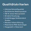 Kachel „Qualitätskriterien“ auf blauem Grund: Bullet-Liste mit „Höchste Rohstoffqualität“, „Zertifiziertes Medizinprodukt“, „100 % reines Naturprodukt“, „20 Jahre Forschung“, „Unabhängige Goldstandard-Studien“, „Messbar höhere Wirkung“, „Patentierte PMA-Technologie“, „Hergestellt in Österreich“.