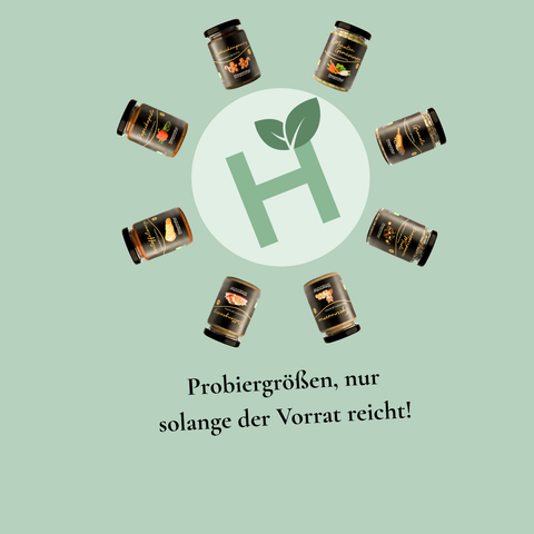 Werbegrafik von Histaminikus auf hellgrünem Hintergrund. Acht verschiedene Produktgläser sind kreisförmig um das Histaminikus-Logo angeordnet. Darunter steht: „Probiergrößen, nur solange der Vorrat reicht!“