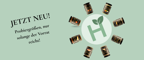 Werbegrafik von Histaminikus auf hellgrünem Hintergrund. Rechts sind acht verschiedene Produktgläser kreisförmig um das Histaminikus-Logo angeordnet. Links steht groß „JETZT NEU!“ sowie darunter: „Probiergrößen, nur solange der Vorrat reicht!“