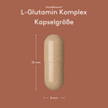 Grafische Darstellung „HistaBalance® L-Glutamin Komplex Kapselgröße“ auf braunem Hintergrund. Eine einzelne Kapsel ist mittig abgebildet, mit Maßangaben von 23 mm Höhe und 8 mm Breite.