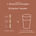 Infografik „HistaBalance® L-Glutamin Komplex Einfacher Verzehr“ auf braunem Hintergrund. Drei Kapseln sind neben Symbolen für Morgen, Tag und Abend dargestellt, ergänzt durch ein Glas Wasser. Textangaben zur Einnahme: dreimal täglich eine Kapsel mit ausreichend Wasser, vorzugsweise zu einer Mahlzeit.