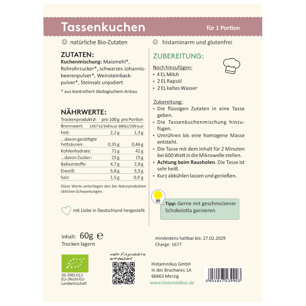 Etikettrückseite mit Zutatenliste, Nährwerte und Zubereitung