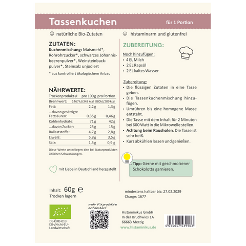 Etikettrückseite mit Zutatenliste, Nährwerte und Zubereitung