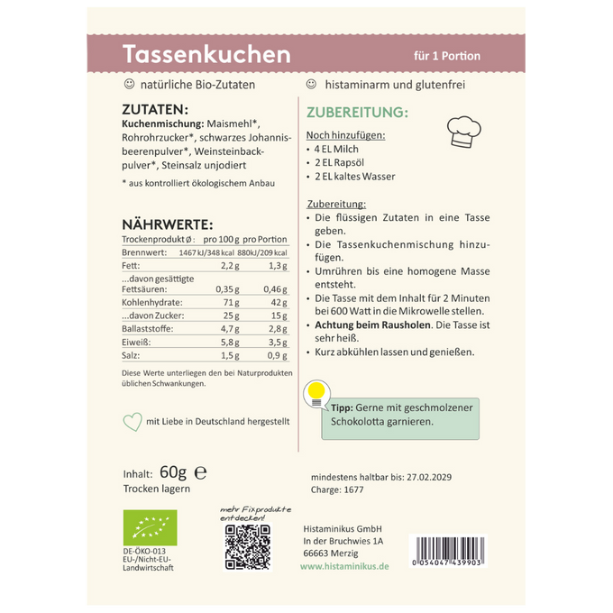 Etikettrückseite mit Zutatenliste, Nährwerte und Zubereitung