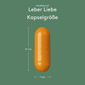 Grafische Darstellung „HistaBalance® Leber Liebe Kapselgröße“ auf grünem Hintergrund. Eine einzelne Kapsel ist mittig abgebildet, mit Maßangaben von 21 mm Höhe und 7 mm Breite.