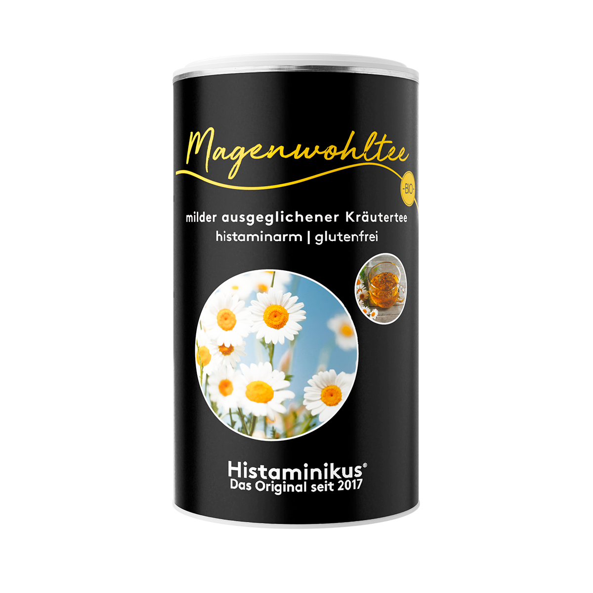 Schwarze Dose Histaminikus Magenwohltee mit gelber Schrift, Aufschrift „milder ausgeglichener Kräutertee, histaminarm, glutenfrei“, unten Foto von Kamillenblüten und Teeglas.