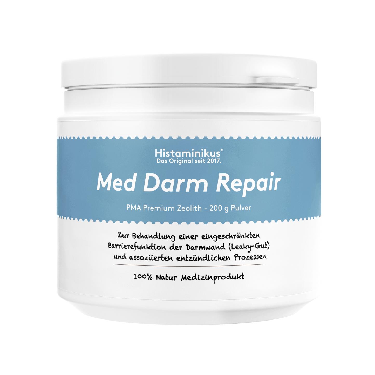 Frontansicht einer weißen Dose mit blauem Etikett „Med Darm Repair“; Text „PMA Premium Zeolith – 200 g Pulver“, darunter Anwendungshinweis und „100 % Natur Medizinprodukt“; freigestellt auf weißem Hintergrund.