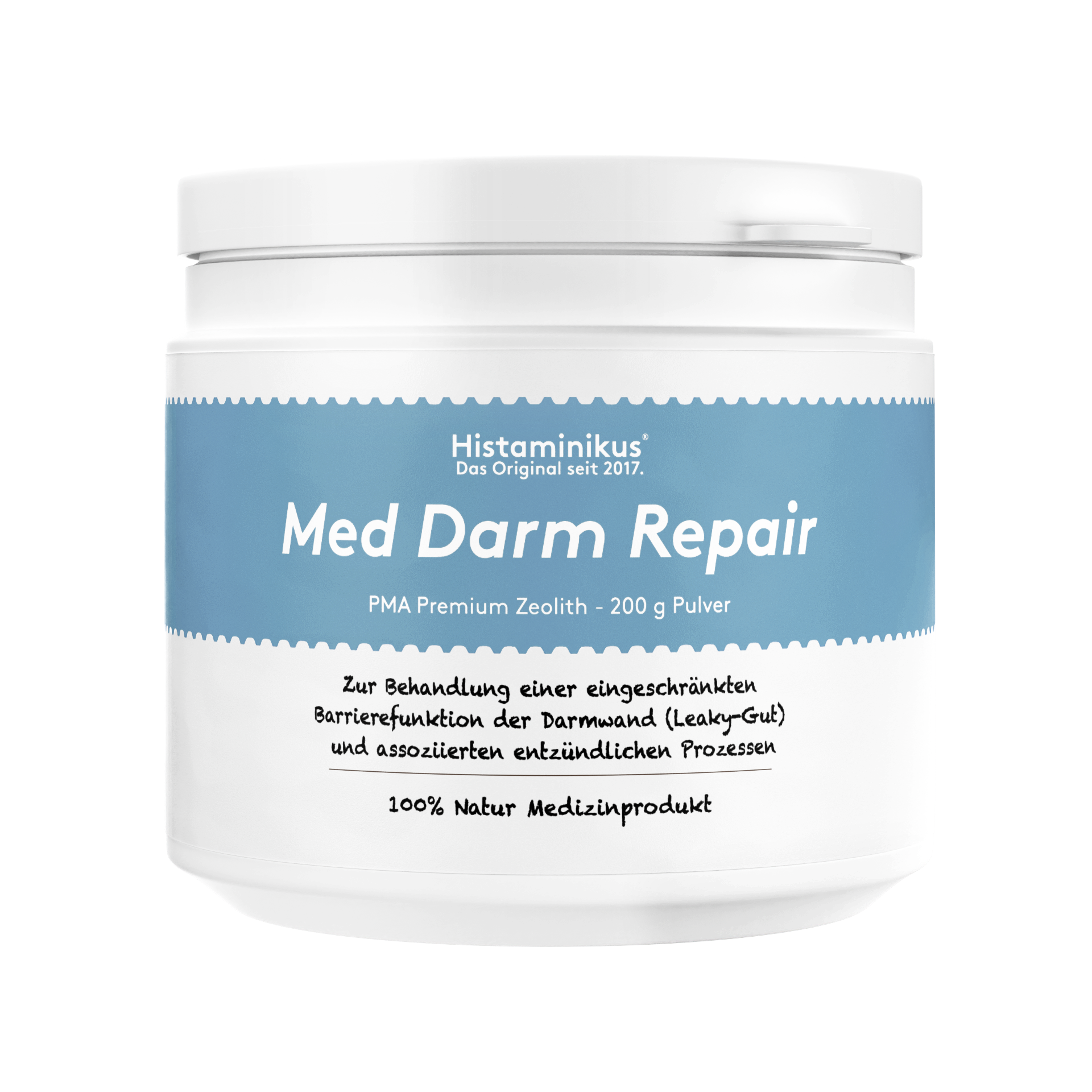 Frontansicht einer weißen Dose mit blauem Etikett „Med Darm Repair“; Text „PMA Premium Zeolith – 200 g Pulver“, darunter Anwendungshinweis und „100 % Natur Medizinprodukt“; freigestellt auf weißem Hintergrund.