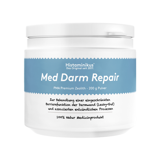 Frontansicht einer weißen Dose mit blauem Etikett „Med Darm Repair“; Text „PMA Premium Zeolith – 200 g Pulver“, darunter Anwendungshinweis und „100 % Natur Medizinprodukt“; freigestellt auf weißem Hintergrund.