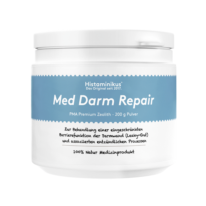 Frontansicht einer weißen Dose mit blauem Etikett „Med Darm Repair“; Text „PMA Premium Zeolith – 200 g Pulver“, darunter Anwendungshinweis und „100 % Natur Medizinprodukt“; freigestellt auf weißem Hintergrund.
