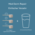 Infografik „Med Darm Repair Einfacher Verzehr“ auf blauem Hintergrund. Drei gestrichene Messlöffel Pulver sind neben Symbolen für Morgen, Tag und Abend dargestellt. Daneben ein Glas Wasser. Textangabe: zwei- bis dreimal täglich ein gestrichener Messlöffel mit ausreichend Wasser.