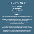 Grafik „Med Darm Repair“ auf blauem Grund: Überschrift, Hinweis „100 g Pulver enthalten 100 g PMA Zeolith“, darunter Fließtext zu PMA-Zeolith (Klinoptilolith, patentiertes PMA-Aktivierungsverfahren, verstärkte Adsorptionsleistung, Unterstützung der Darmbarriere).