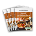 Vier nebeneinander gelegte HistaFix-Beutel „No!Chili con Carne“ von Histaminikus, mit einer Schale würzigem veganem Chili auf der Vorderseite, warm-braunes Verpackungsdesign mit Bio-Siegel und dem Hinweis „histaminarm, glutenfrei, laborgeprüft“.