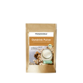 Braune Standbeutelverpackung von Histaminikus Oatdrink Pulver mit Glas Hafermilch und Bio- sowie Histaminfrei-Siegel auf dem Etikett.