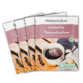Produktbild mit vier leicht versetzt angeordneten Packungen HistaFix Tassenkuchen Bio von Histaminikus vor schwarzem Hintergrund. Die vordere Packung zeigt einen fertigen Tassenkuchen in einer weißen Tasse sowie die Hinweise „100 % natürlich, ohne Zusatzstoffe“, „Bio“ und „histaminarm, glutenfrei, laborgeprüft“.