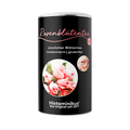 Schwarze Dose Rosenblütentee mit rosa Schriftzug, Rosenmotiv und Text „sinnlicher Blütentee, histaminarm, glutenfrei“ auf weißem Hintergrund.