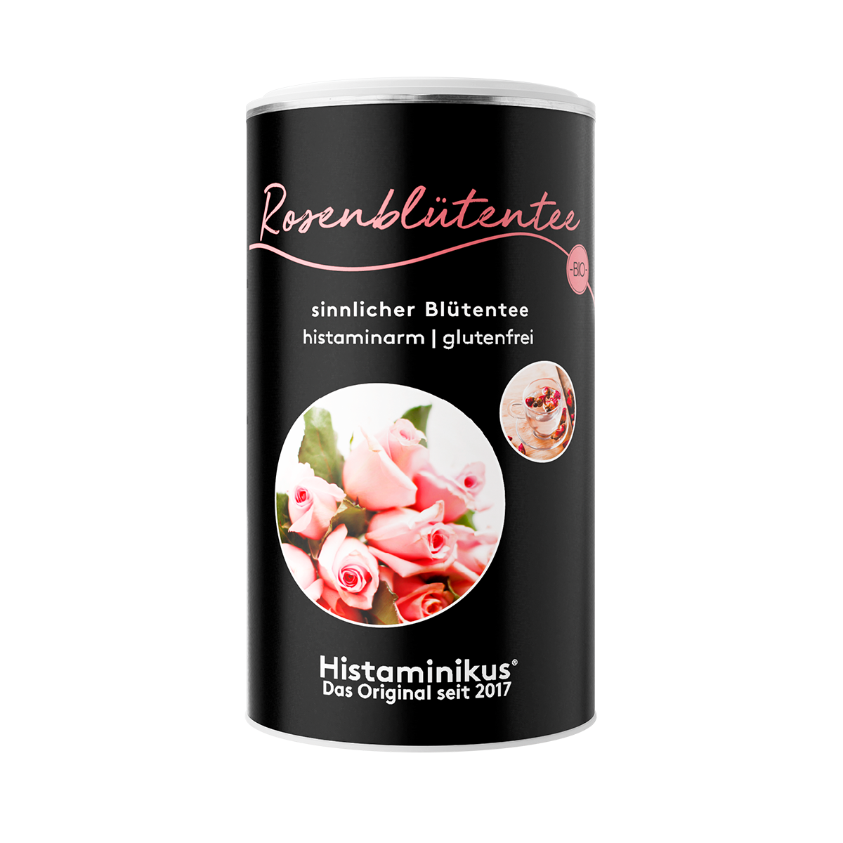 Schwarze Dose Rosenblütentee mit rosa Schriftzug, Rosenmotiv und Text „sinnlicher Blütentee, histaminarm, glutenfrei“ auf weißem Hintergrund.