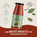 Abbildung einer Flasche NO!MATO Rote Beete Ketchup von Histaminikus. Hervorgehobene Merkmale: histaminarm laborgeprüft, glutenfrei, vegan. Begleittext: „Der beste Ersatz für Tomatenketchup“ und „In der perfekten Größe“. Dekorative grüne Blätter im Hintergrund.