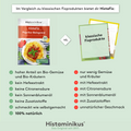Vergleichsgrafik zwischen der HistaFix Paprika-Bolognese von Histaminikus und klassischen Fixprodukten. Links die Originalverpackung mit Vorteilen wie „100 % natürlich“, „kein Hefeextrakt“, „kein Sonnenblumenöl“ und „hoher Anteil an Bio-Gemüse“. Rechts neutrale Packungen mit Nachteilen wie „Zusatzstoffe“ und „unnatürlicher Geschmack“.