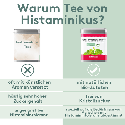 Vergleichsgrafik: Links eine matte Metall-Teedose mit Aufschrift „herkömmliche Tees“ und Nachteilen wie künstliche Aromen, hoher Zuckergehalt und ungeeignet bei Histaminintoleranz. Rechts die Teedose „roter Drachenzähmer“ von Histaminikus mit Vorteilen wie natürliche Bio-Zutaten, frei von Kristallzucker und abgestimmt auf Menschen mit Histaminintoleranz. Hintergrund vertikal zweigeteilt, mit Kreuz- und Häkchen-Symbolen zur Unterscheidung.