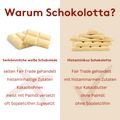 Grafik mit Gegenüberstellung herkömmlicher weißer Schokolade und der Histaminikus Schokolotta® Bianco. Links negative Eigenschaften konventioneller Produkte: selten Fair Trade, histaminhaltige Zutaten, Kakaobohnen, Palmöl und Sojalecithin. Rechts die Vorteile von Schokolotta® Bianco: Fair Trade, histaminarme Zutaten, reine Kakaobutter, palmölfrei, ohne Sojalecithin. In der Mitte jeweils Produktabbildungen, darunter farblich markierte Listen mit deutlichem Haken und Kreuz.