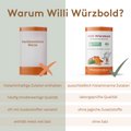 Vergleichsgrafik zwischen der Gemüsewürze „Willi Würzbold“ von Histaminikus und einer herkömmlichen Gemüsewürze. Links die geöffnete orange Dose von Histaminikus mit abgebildeten Zutaten wie Karotte und Paprika, daneben Vorteile wie „ausschließlich histaminarme Zutaten“, „laborgeprüfte Qualität“, „ohne Zusatzstoffe“ und „ohne Salz“. Rechts eine neutrale Dose mit der Aufschrift „herkömmliche Würze“ und Nachteilen wie „histaminhaltige Zutaten“, „minderwertige Qualität“, „Zusatzstoffe“ und „hoher Salzgehalt“.