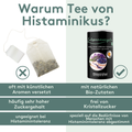 Vergleichsgrafik: Links ein Teebeutel mit Text „oft mit künstlichen Aromen versetzt, häufig sehr hoher Zuckergehalt, ungeeignet bei Histaminintoleranz“. Rechts die Histaminikus-Teedose mit Text „mit natürlichen Bio-Zutaten, frei von Kristallzucker, speziell auf die Bedürfnisse von Menschen mit Histaminintoleranz abgestimmt“. 