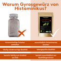 Zweiteilige Vergleichsgrafik mit der Überschrift „Warum Gyrosgewürz von Histaminikus?“ Links ein Gewürzstreuer mit rotem X und Nachteilen konventioneller Produkte: „histaminhaltige Zutaten enthalten“, „häufig minderwertige Qualität“, „besteht häufig zum Großteil aus Salz“. Rechts die Histaminikus-Gewürztüte mit weißem Häkchen und Vorteilen: „ausschließlich histaminarme Zutaten“, „laborgeprüfte Qualität“, „besteht ausschließlich aus Qualitätsgewürzen“.