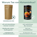 Vergleichsgrafik mit zwei Spalten: links eine braune Teeverpackung mit dem Text „Herkömmliche Tees – oft mit künstlichen Aromen, hoher Zuckergehalt, ungeeignet bei Histaminintoleranz“. Rechts die Histaminikus-Teedose „Immun Power Tee“ mit Text „mit natürlichen Bio-Zutaten, frei von Kristallzucker, für Menschen mit Histaminintoleranz entwickelt“.