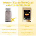 Vergleichgrafik der Kartoffelwürze mit herkömmlichen Gewürzen. Die Überschrift lautet: Warum Kartoffelwürze von Histaminikus? Darunter ist links eine Beispieldose eines herkömmlichen Gewürzes zu sehen und daneben die Kartoffelwürze von Histaminikus. Links stehen die Nachteile herkömmlicher Gewürze aufgelistet und rechts die Vorteile der Kartoffelwürze.