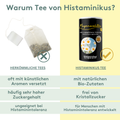 Vergleichsgrafik: links herkömmlicher Teebeutel mit Kreuz, rechts Histaminikus Magenwohltee mit Häkchen; darunter Tabellenvergleich mit Vorteilen von Histaminikus Tee gegenüber herkömmlichem Tee.